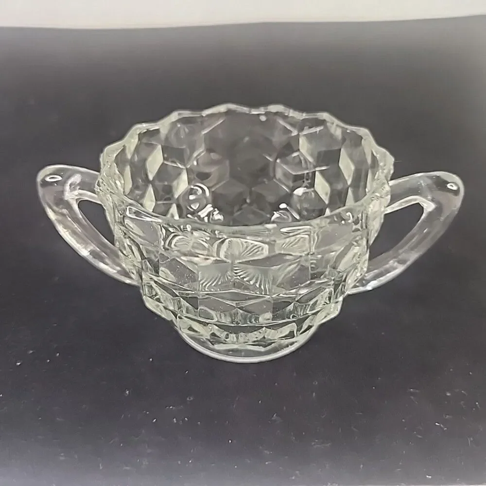 Cream & Sugar Bowl Glass Geometric Pattern Scalloped Rims Sunburst Bottoms VTG
